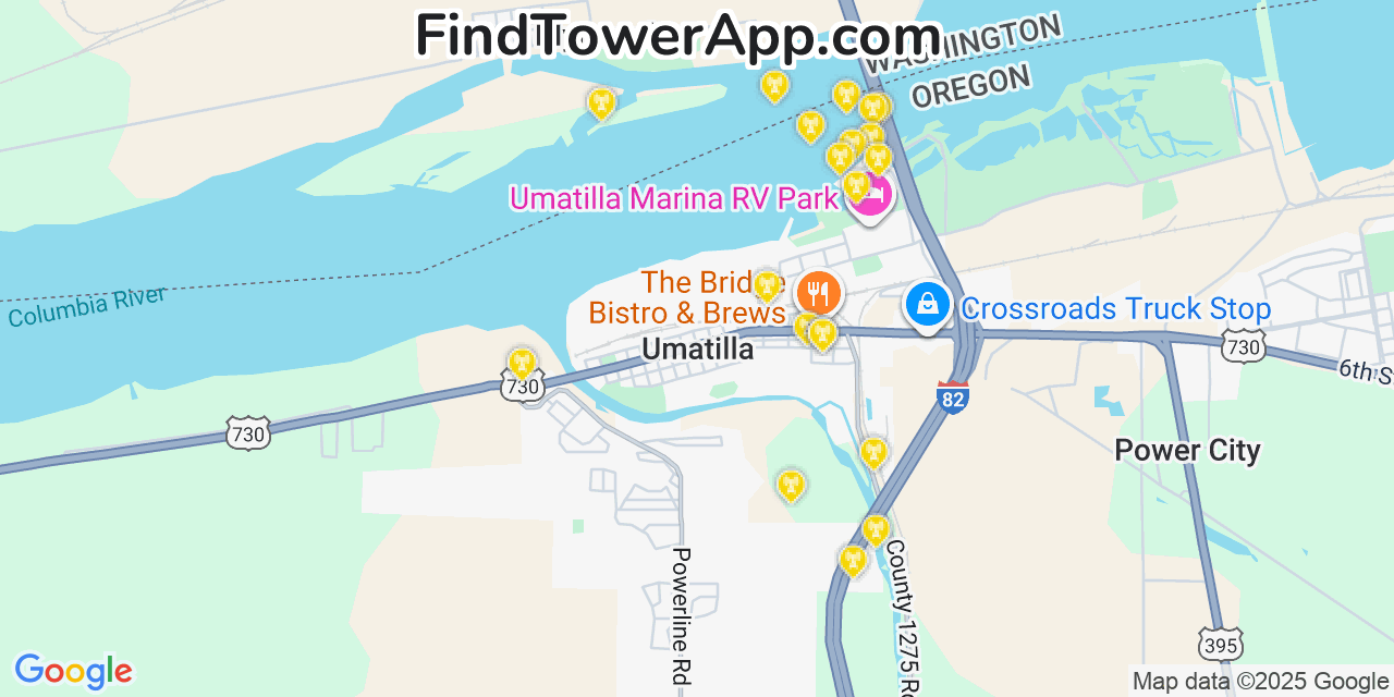 Map showing the 20 primary cell tower locations detected in Umatilla, Oregon from AT&T, Verizon, and T-Mobile networks