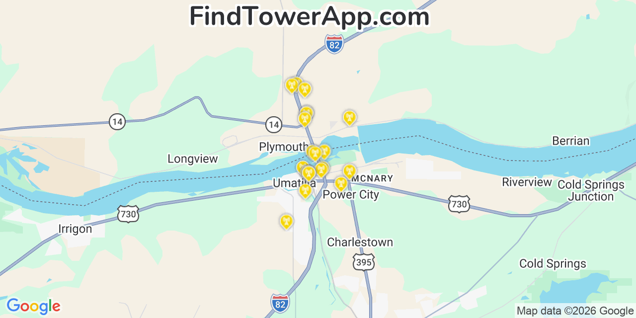 Map showing the 20 primary cell tower locations detected in Umatilla, Oregon from AT&T, Verizon, and T-Mobile networks