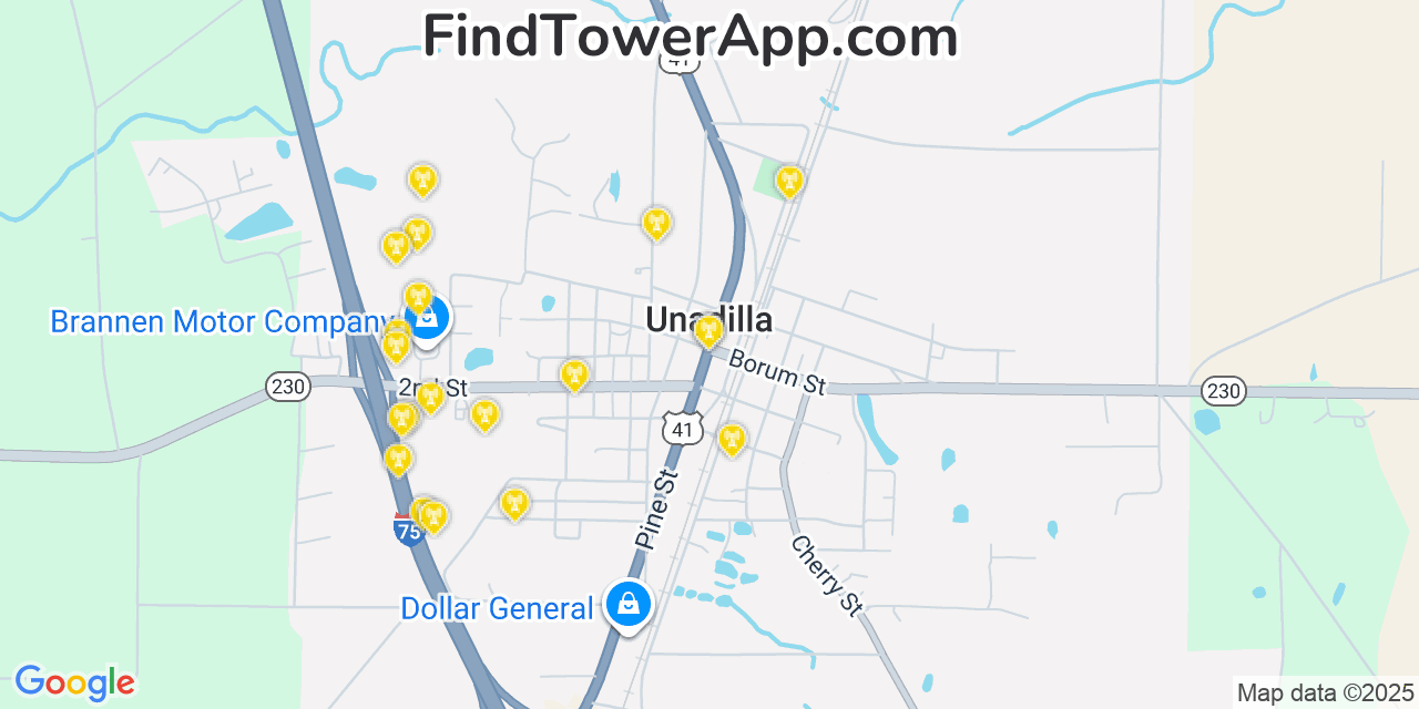 Map showing the 20 primary cell tower locations detected in Unadilla, Georgia from AT&T, Verizon, and T-Mobile networks