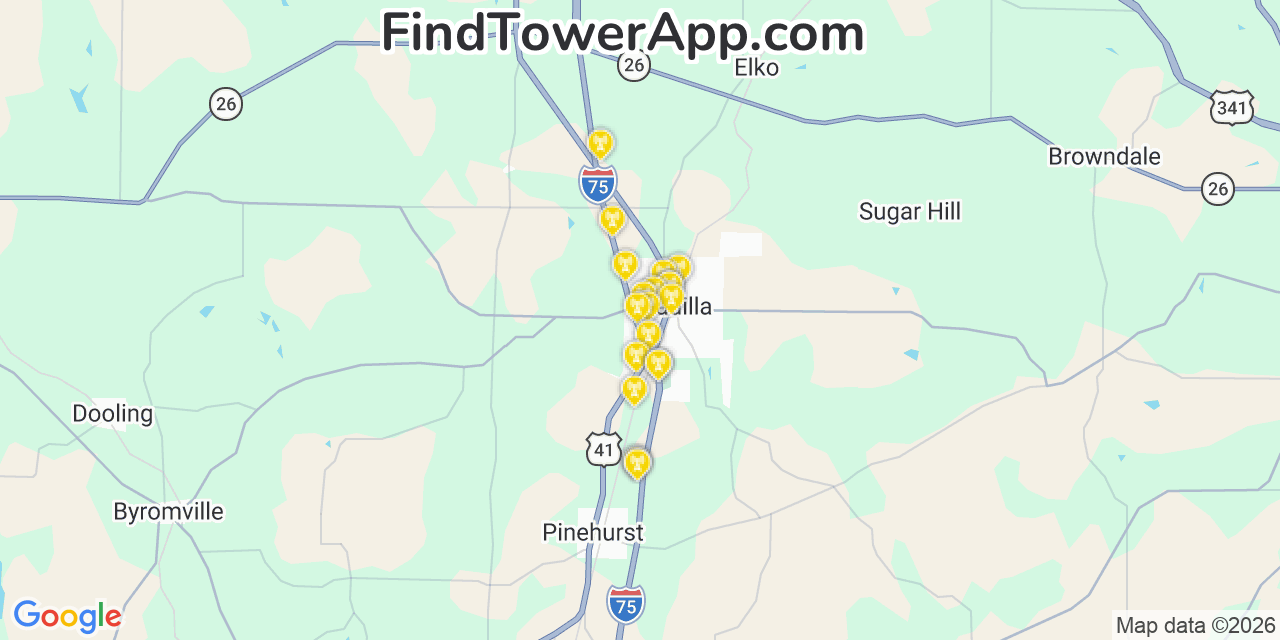 Map showing the 20 primary cell tower locations detected in Unadilla, Georgia from AT&T, Verizon, and T-Mobile networks