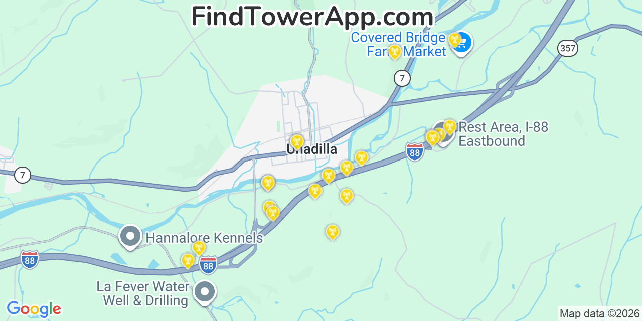 Map showing the 20 primary cell tower locations detected in Unadilla, New York from AT&T, Verizon, and T-Mobile networks