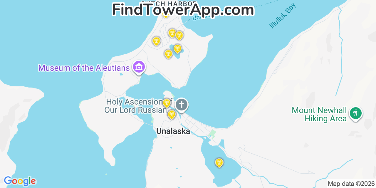 Map showing the 20 primary cell tower locations detected in Unalaska, Alaska from AT&T, Verizon, and T-Mobile networks