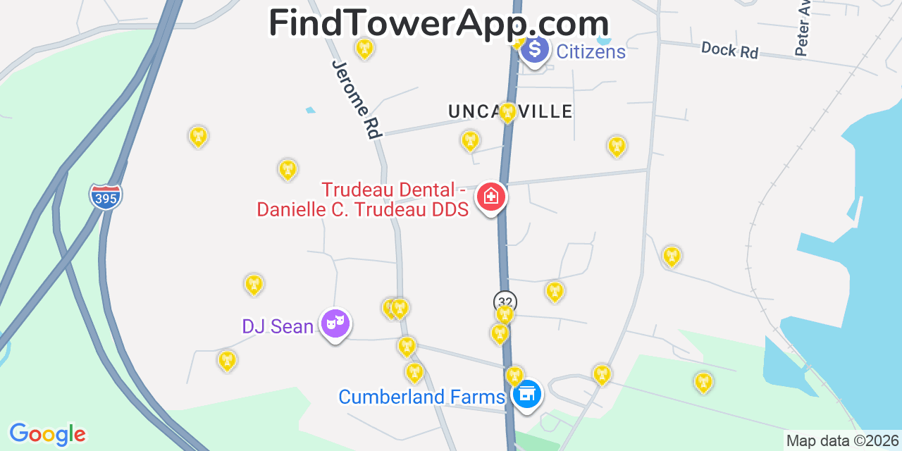 Map showing the 20 primary cell tower locations detected in Uncasville, Connecticut from AT&T, Verizon, and T-Mobile networks