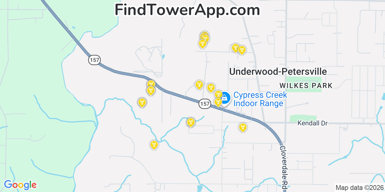 Map showing the 20 primary cell tower locations detected in Underwood Petersville, Alabama from AT&T, Verizon, and T-Mobile networks