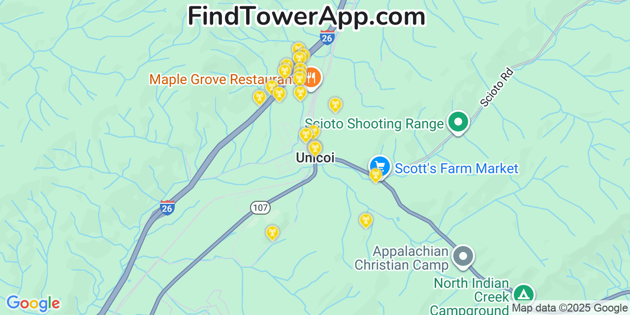 Map showing the 20 primary cell tower locations detected in Unicoi, Tennessee from AT&T, Verizon, and T-Mobile networks