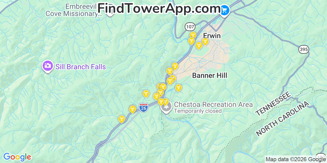 Map showing the 20 primary cell tower locations detected in Unicoi, Tennessee from AT&T, Verizon, and T-Mobile networks