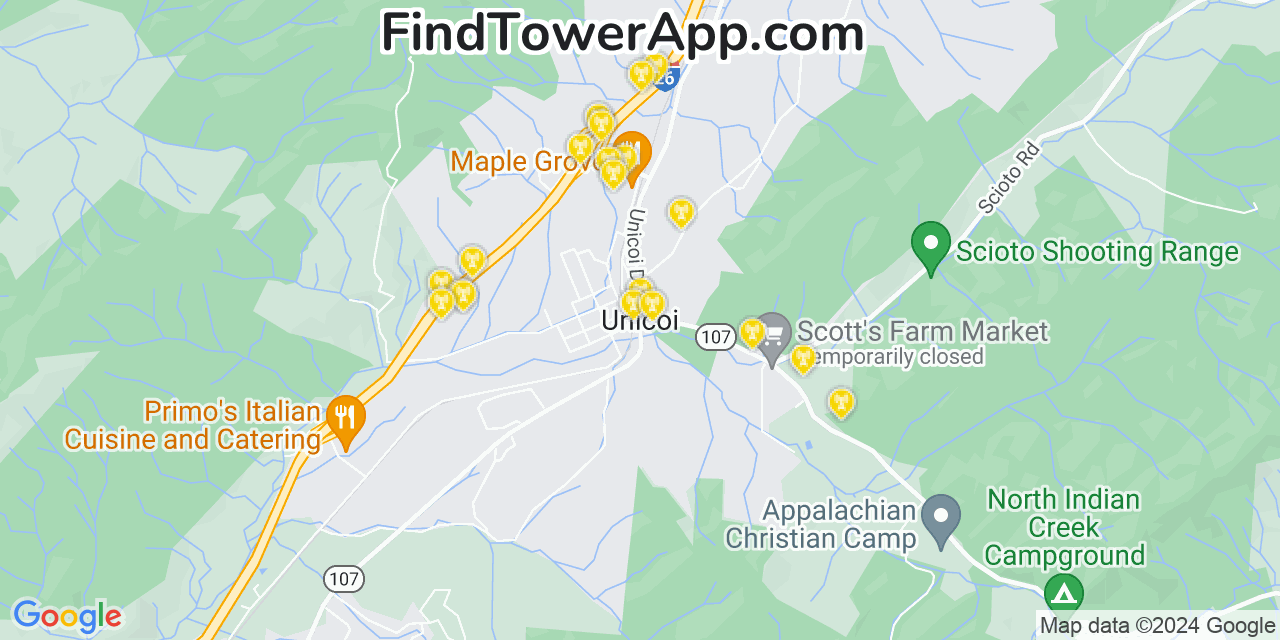 Verizon 4G/5G cell tower coverage map Unicoi, Tennessee