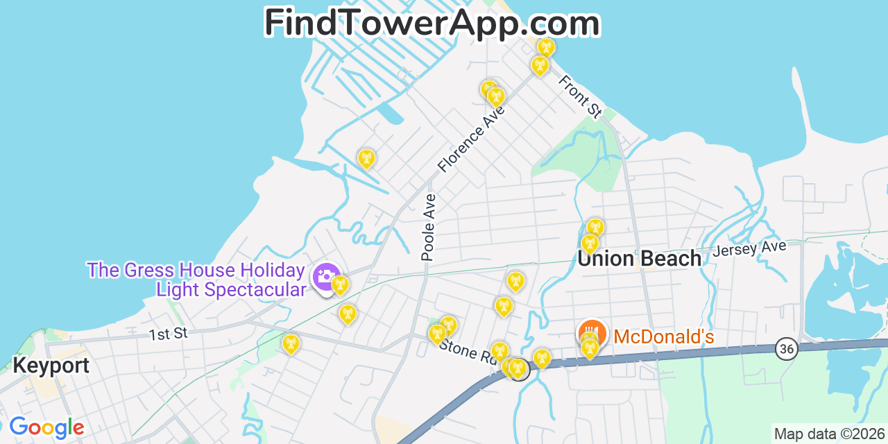 Map showing the 20 primary cell tower locations detected in Union Beach, New Jersey from AT&T, Verizon, and T-Mobile networks