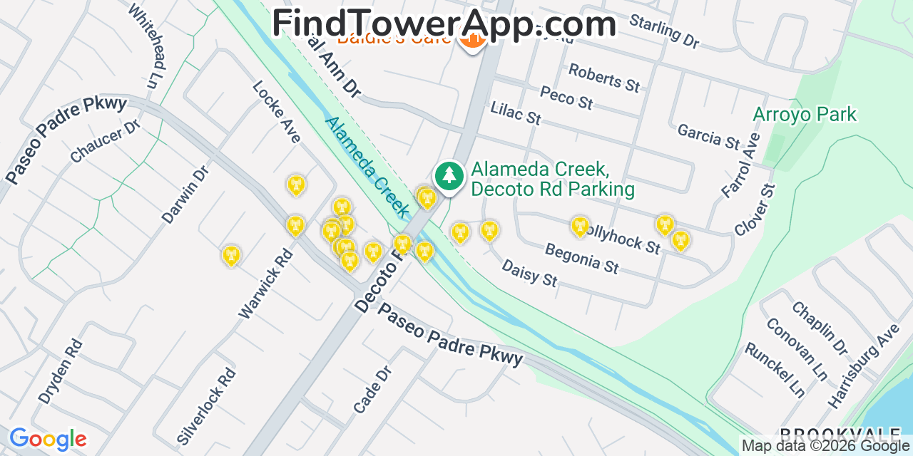 Map showing the 20 primary cell tower locations detected in Union City, California from AT&T, Verizon, and T-Mobile networks