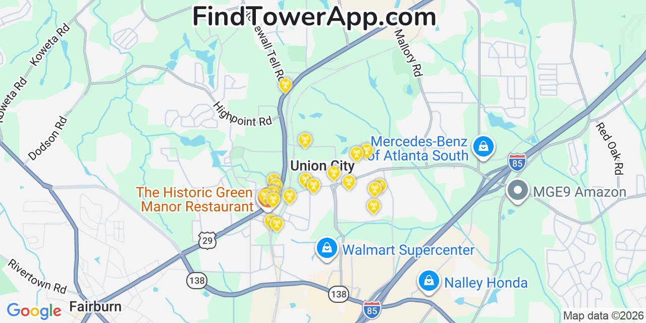 Map showing the 20 primary cell tower locations detected in Union City, Georgia from AT&T, Verizon, and T-Mobile networks