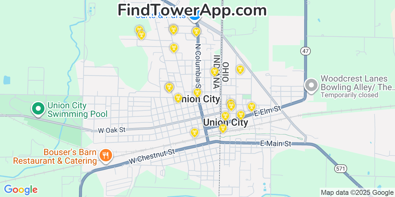 Map showing the 20 primary cell tower locations detected in Union City, Indiana from AT&T, Verizon, and T-Mobile networks