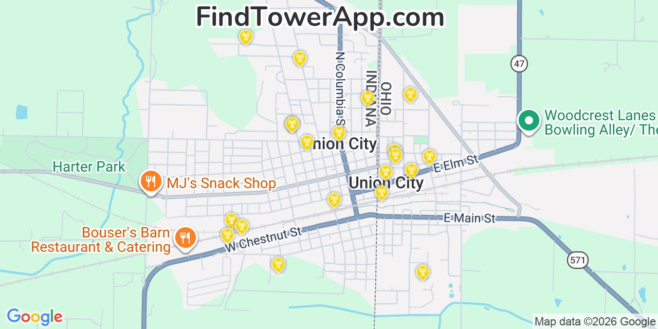 Map showing the 20 primary cell tower locations detected in Union City, Indiana from AT&T, Verizon, and T-Mobile networks