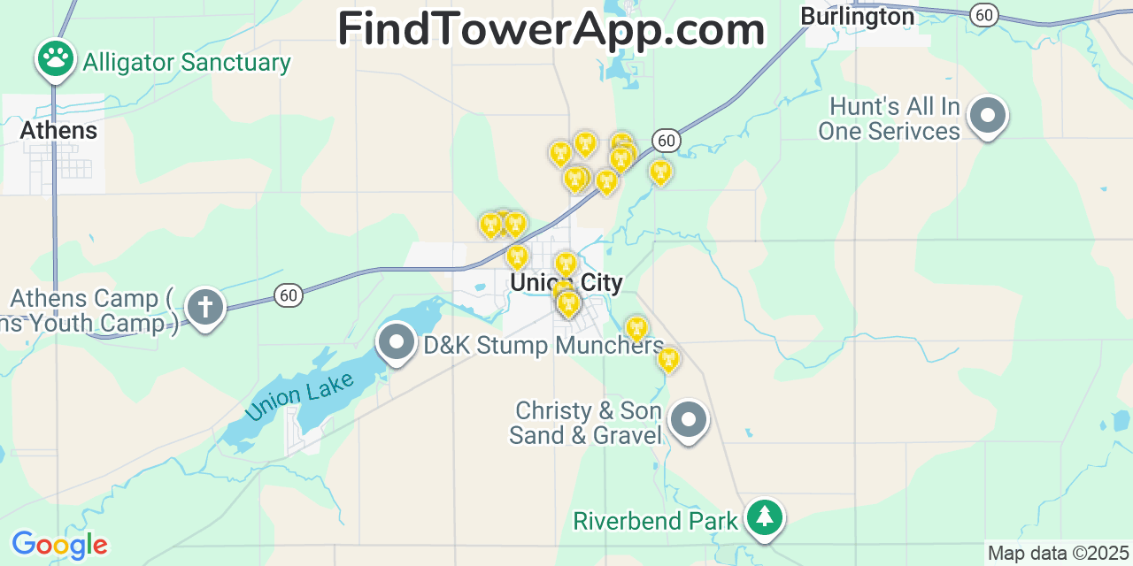 Map showing the 20 primary cell tower locations detected in Union City, Michigan from AT&T, Verizon, and T-Mobile networks