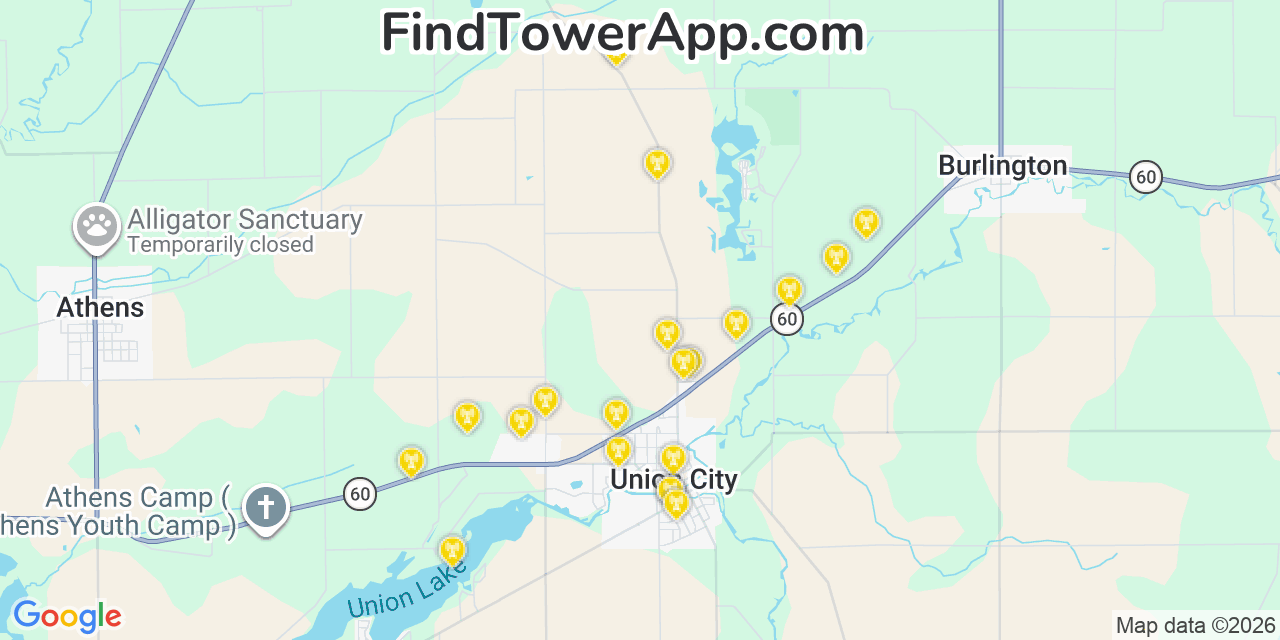 Map showing the 20 primary cell tower locations detected in Union City, Michigan from AT&T, Verizon, and T-Mobile networks