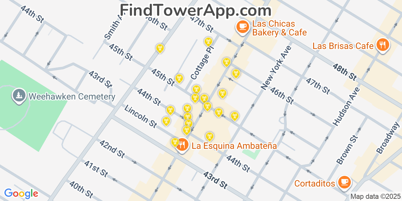 Map showing the 20 primary cell tower locations detected in Union City, New Jersey from AT&T, Verizon, and T-Mobile networks
