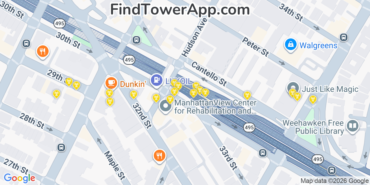 Map showing the 20 primary cell tower locations detected in Union City, New Jersey from AT&T, Verizon, and T-Mobile networks
