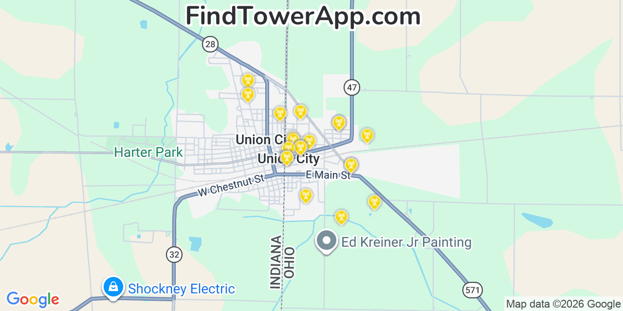 Map showing the 20 primary cell tower locations detected in Union City, Ohio from AT&T, Verizon, and T-Mobile networks