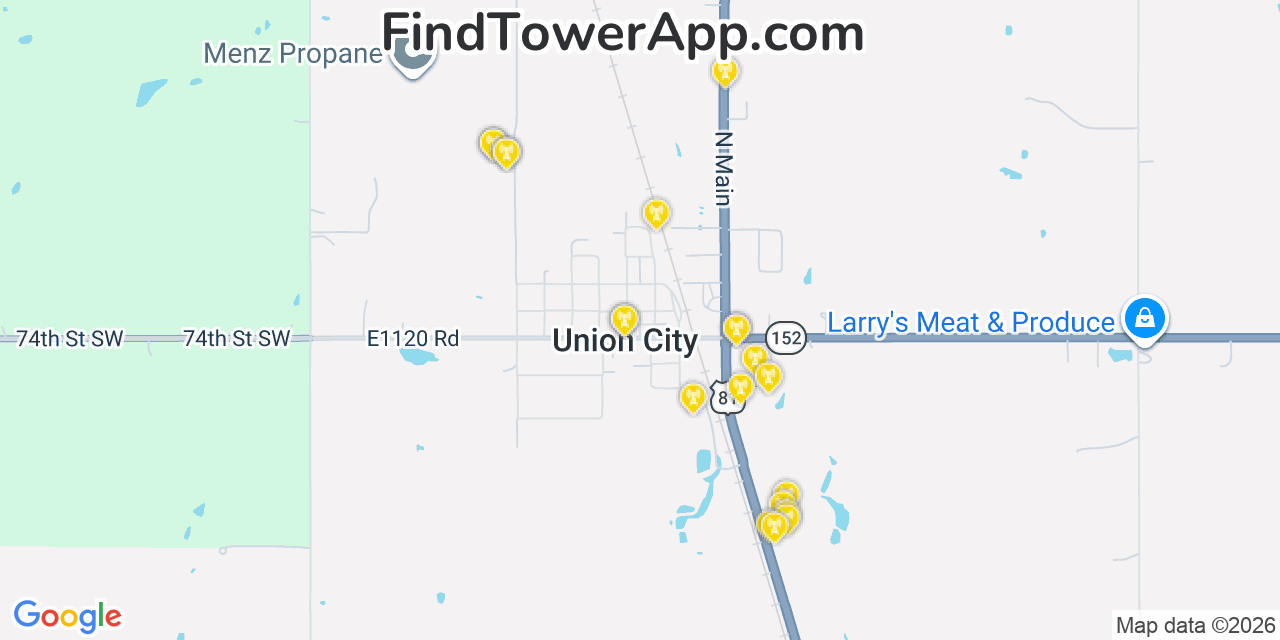 Map showing the 20 primary cell tower locations detected in Union City, Oklahoma from AT&T, Verizon, and T-Mobile networks