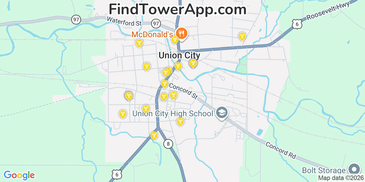Map showing the 20 primary cell tower locations detected in Union City, Pennsylvania from AT&T, Verizon, and T-Mobile networks
