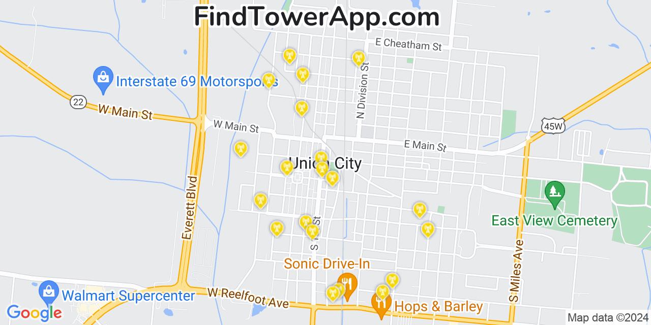 AT&T 4G/5G cell tower coverage map Union City, Tennessee