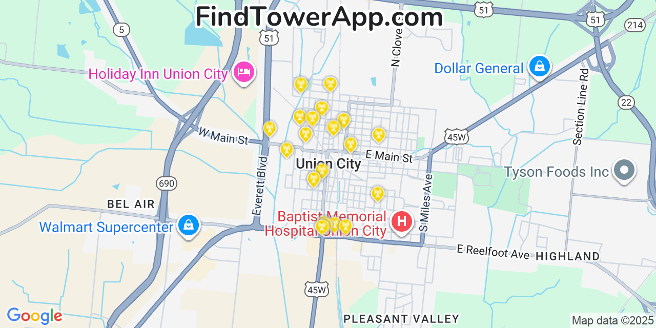 Map showing the 20 primary cell tower locations detected in Union City, Tennessee from AT&T, Verizon, and T-Mobile networks