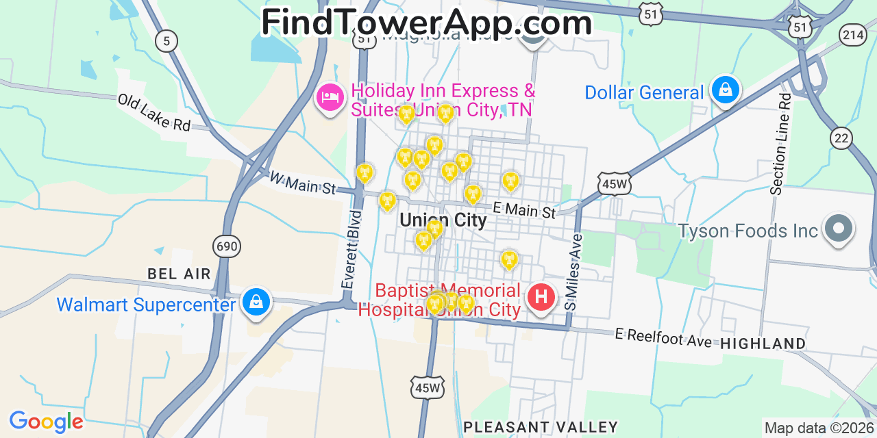 Map showing the 20 primary cell tower locations detected in Union City, Tennessee from AT&T, Verizon, and T-Mobile networks