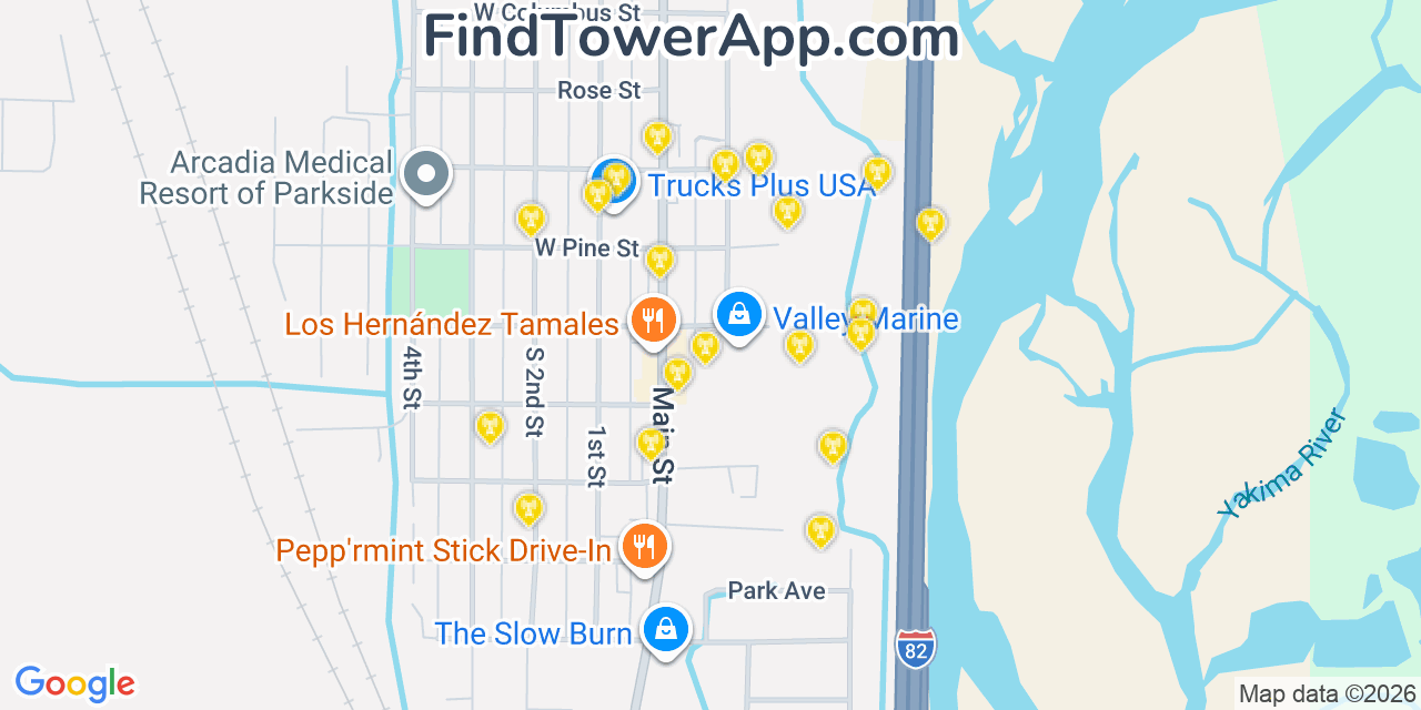 Map showing the 20 primary cell tower locations detected in Union Gap, Washington from AT&T, Verizon, and T-Mobile networks