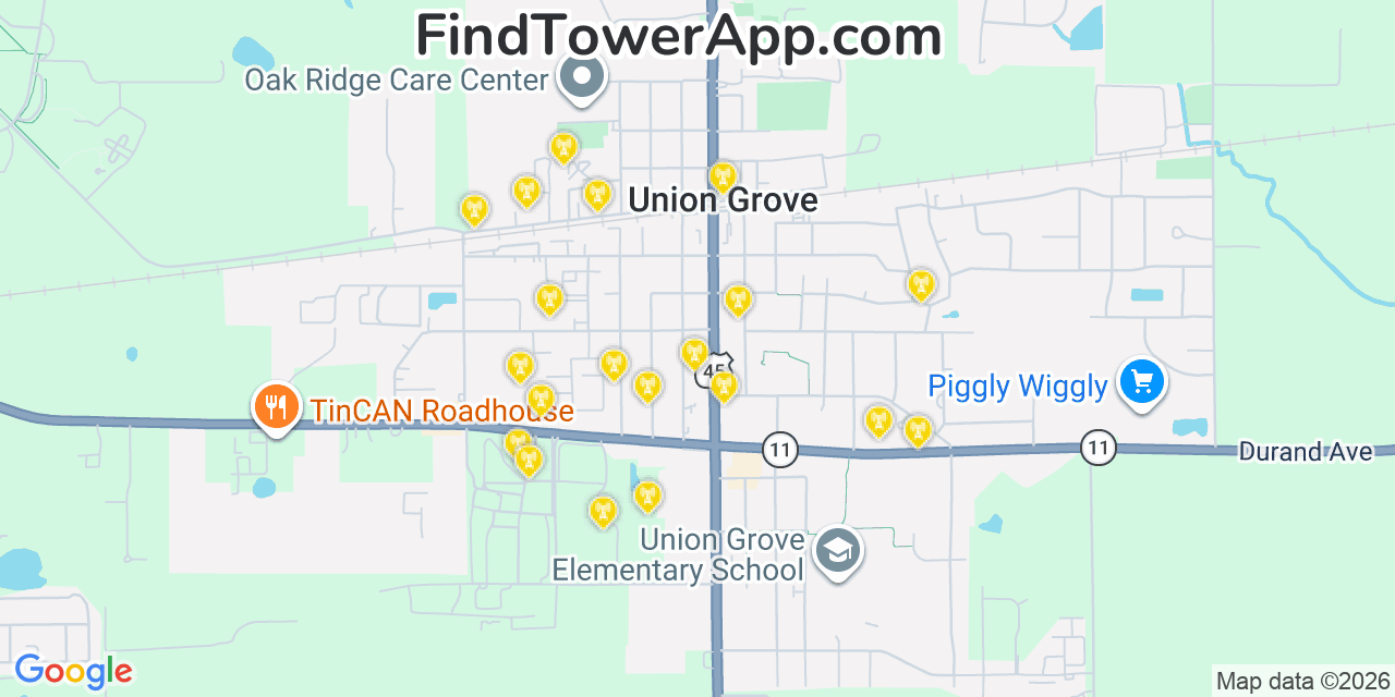 Map showing the 20 primary cell tower locations detected in Union Grove, Wisconsin from AT&T, Verizon, and T-Mobile networks