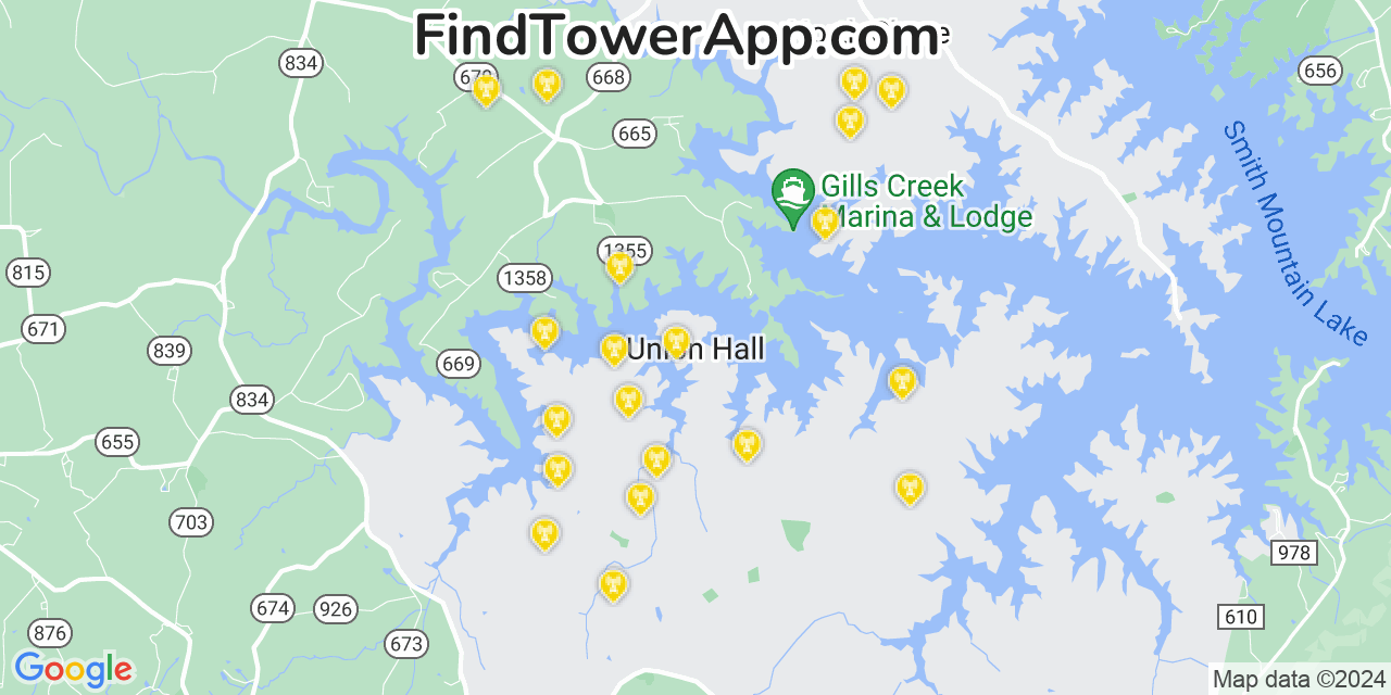 AT&T 4G/5G cell tower coverage map Union Hall, Virginia