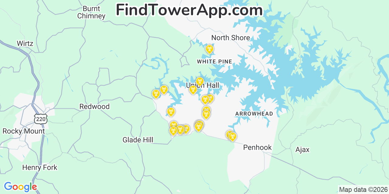 Map showing the 20 primary cell tower locations detected in Union Hall, Virginia from AT&T, Verizon, and T-Mobile networks