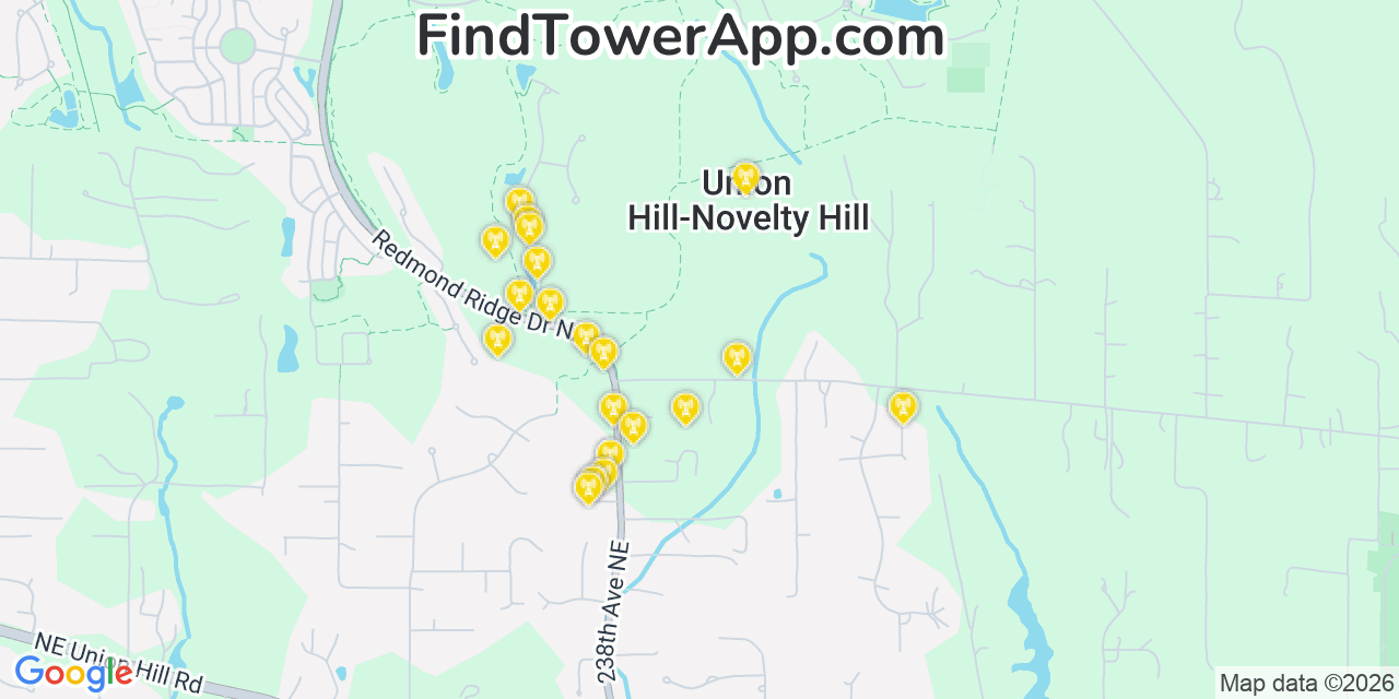 Map showing the 20 primary cell tower locations detected in Union Hill Novelty Hill, Washington from AT&T, Verizon, and T-Mobile networks