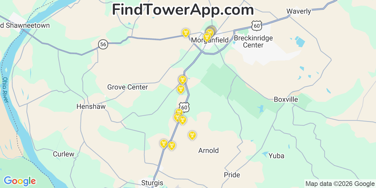 Map showing the 20 primary cell tower locations detected in Union, Kentucky from AT&T, Verizon, and T-Mobile networks