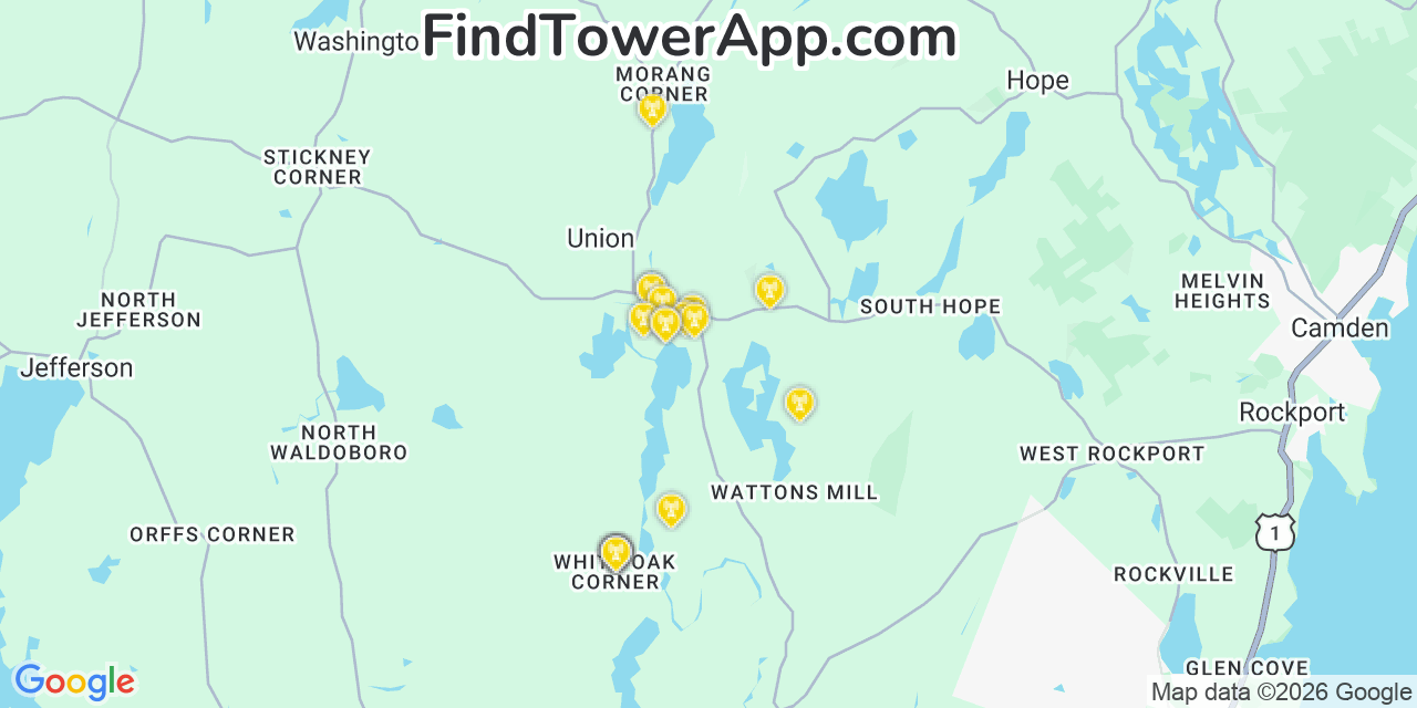 Map showing the 20 primary cell tower locations detected in Union, Maine from AT&T, Verizon, and T-Mobile networks