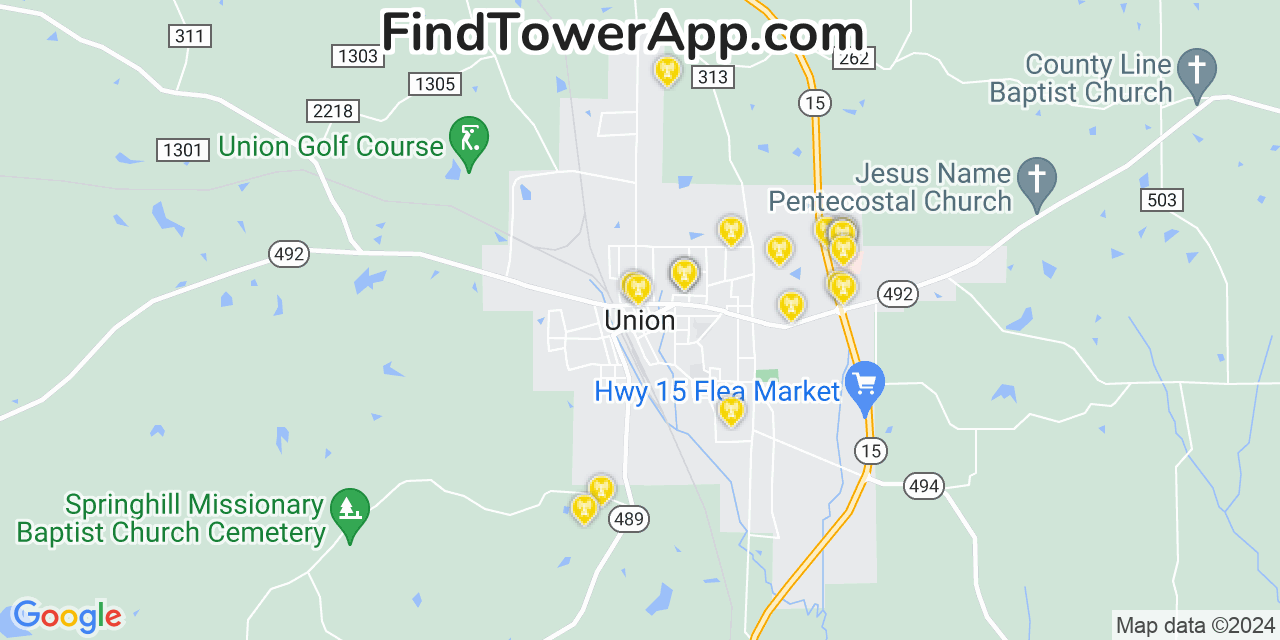 AT&T 4G/5G cell tower coverage map Union, Mississippi