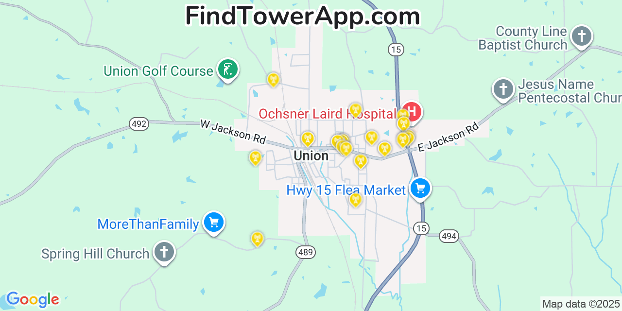 Map showing the 20 primary cell tower locations detected in Union, Mississippi from AT&T, Verizon, and T-Mobile networks