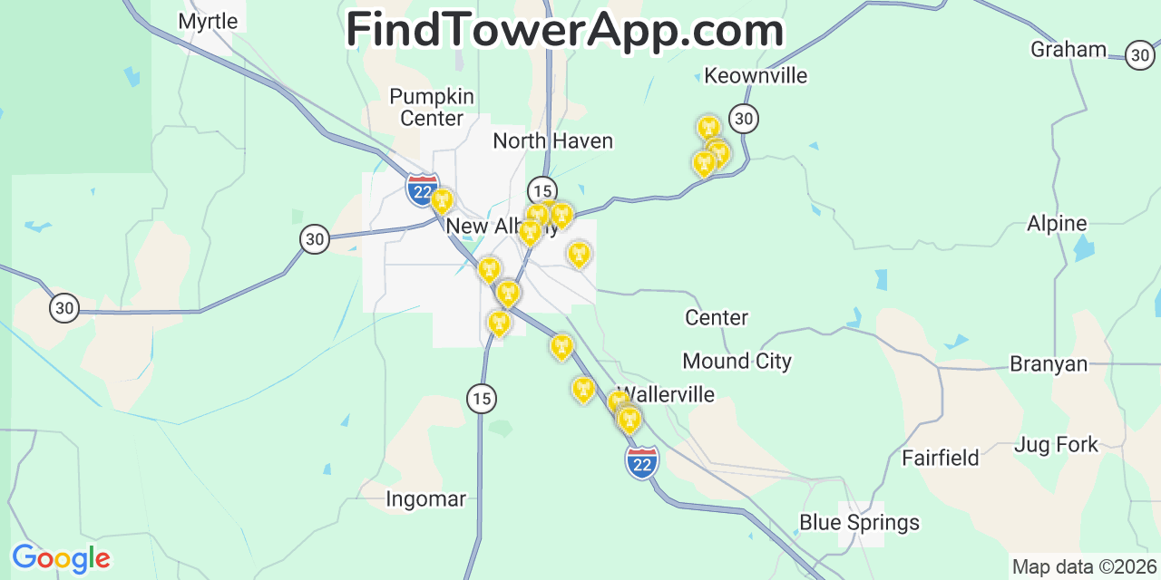Map showing the 20 primary cell tower locations detected in Union, Mississippi from AT&T, Verizon, and T-Mobile networks