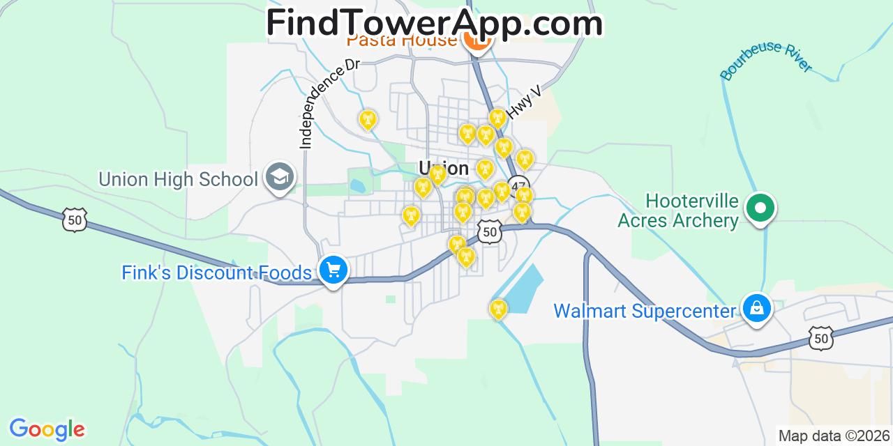Map showing the 20 primary cell tower locations detected in Union, Missouri from AT&T, Verizon, and T-Mobile networks
