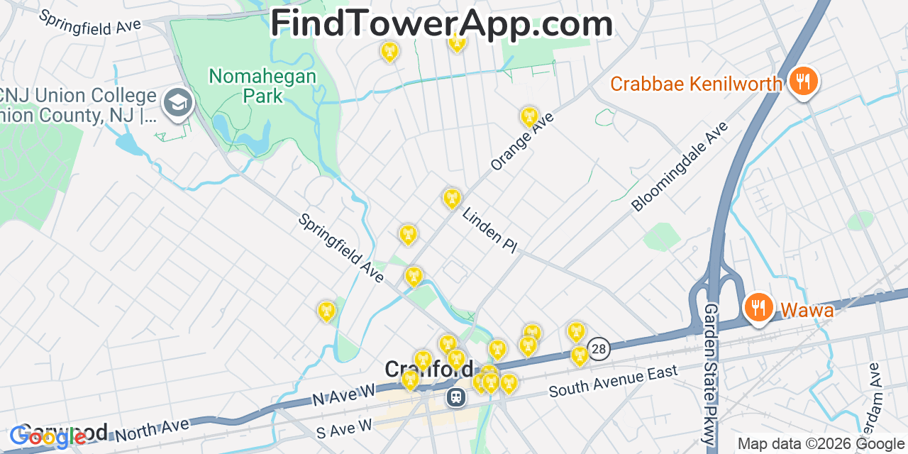 Map showing the 20 primary cell tower locations detected in Union, New Jersey from AT&T, Verizon, and T-Mobile networks