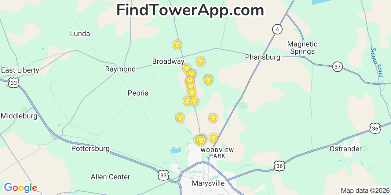 Map showing the 20 primary cell tower locations detected in Union, Ohio from AT&T, Verizon, and T-Mobile networks
