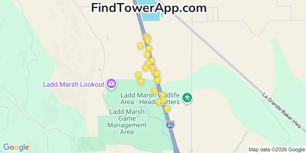 Map showing the 20 primary cell tower locations detected in Union, Oregon from AT&T, Verizon, and T-Mobile networks