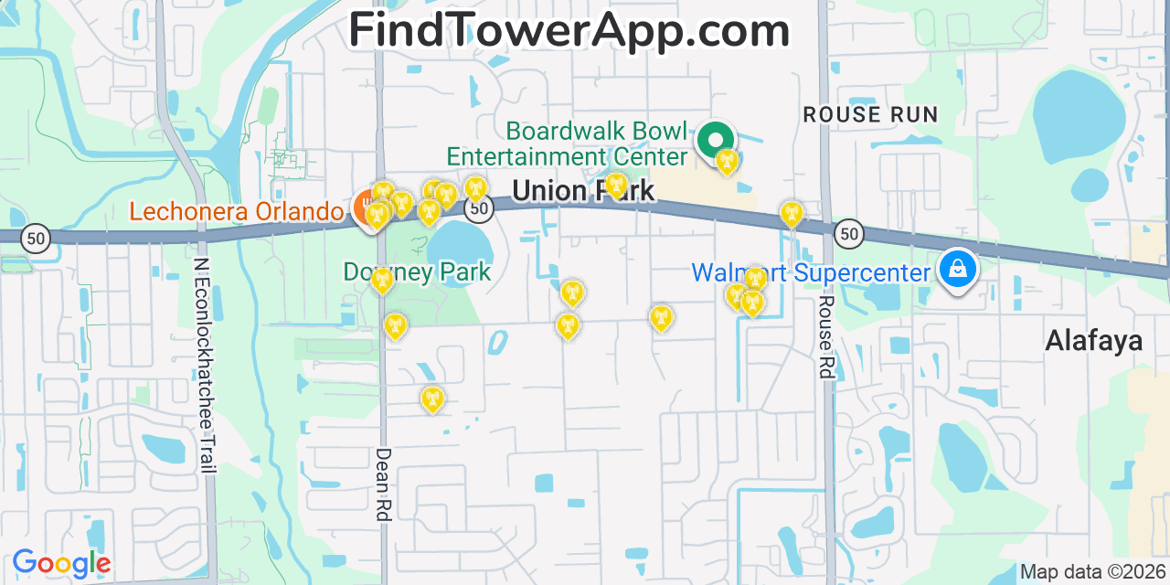 Map showing the 20 primary cell tower locations detected in Union Park, Florida from AT&T, Verizon, and T-Mobile networks