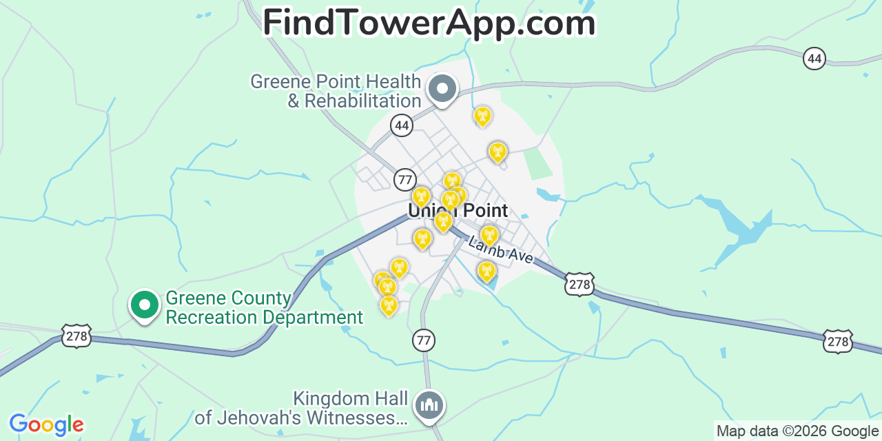 Map showing the 20 primary cell tower locations detected in Union Point, Georgia from AT&T, Verizon, and T-Mobile networks