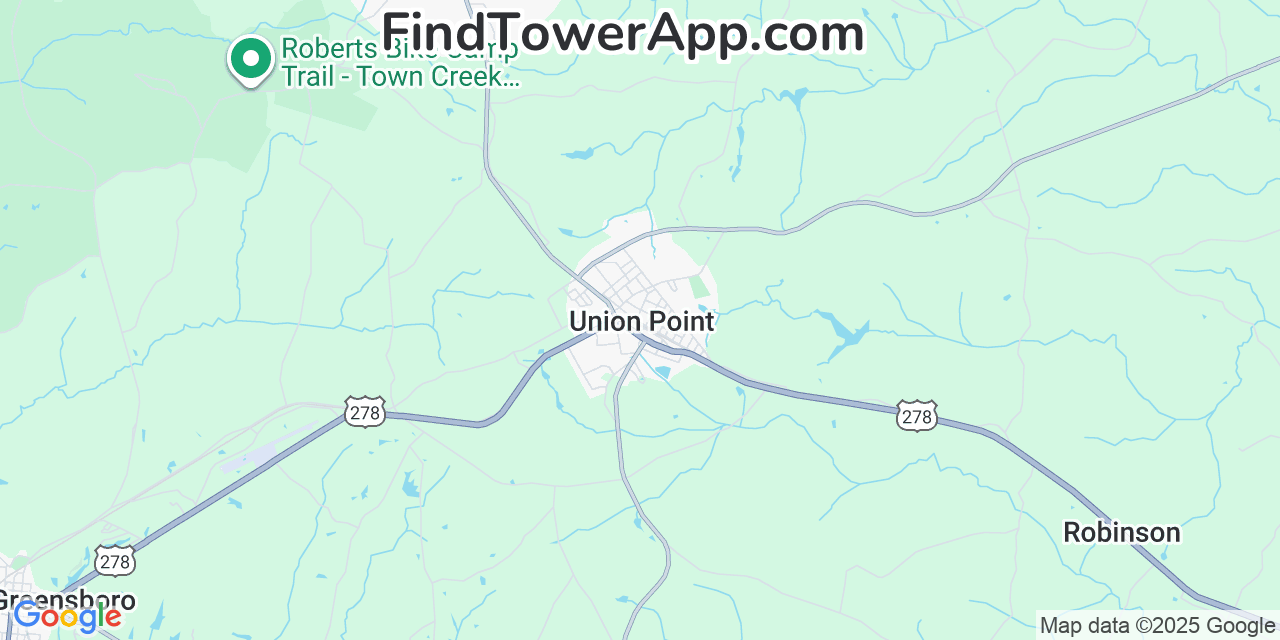 Map showing the 20 primary Mobitel cell tower locations detected in Union Point, Georgia with coverage radius and signal strength indicators