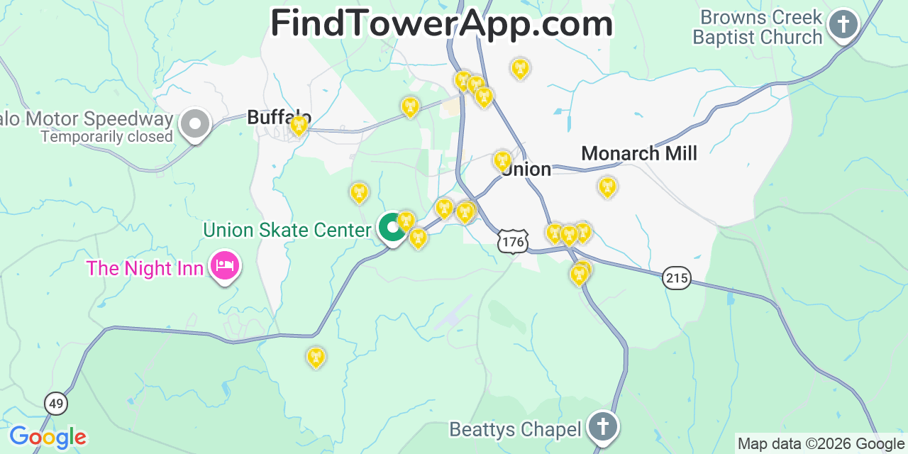 Map showing the 20 primary cell tower locations detected in Union, South Carolina from AT&T, Verizon, and T-Mobile networks