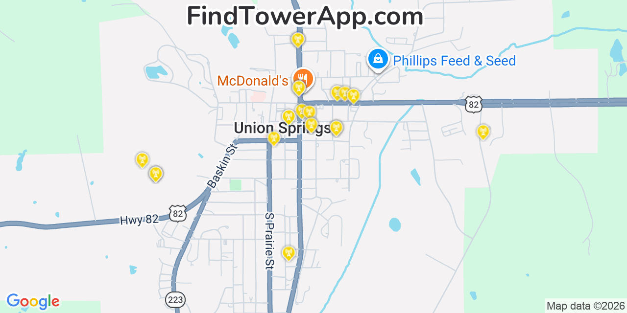 Map showing the 20 primary cell tower locations detected in Union Springs, Alabama from AT&T, Verizon, and T-Mobile networks
