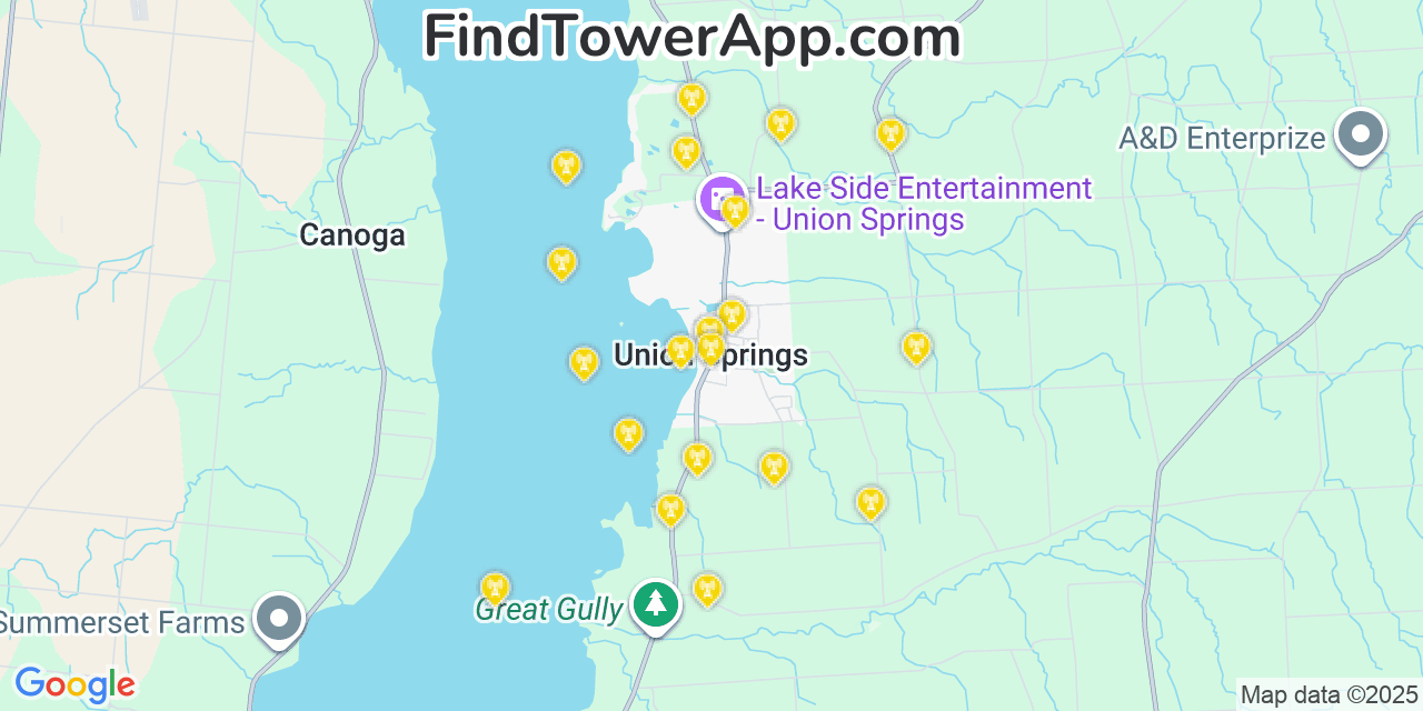 Map showing the 20 primary cell tower locations detected in Union Springs, New York from AT&T, Verizon, and T-Mobile networks