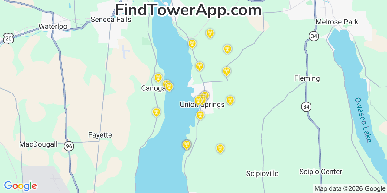 Map showing the 20 primary cell tower locations detected in Union Springs, New York from AT&T, Verizon, and T-Mobile networks