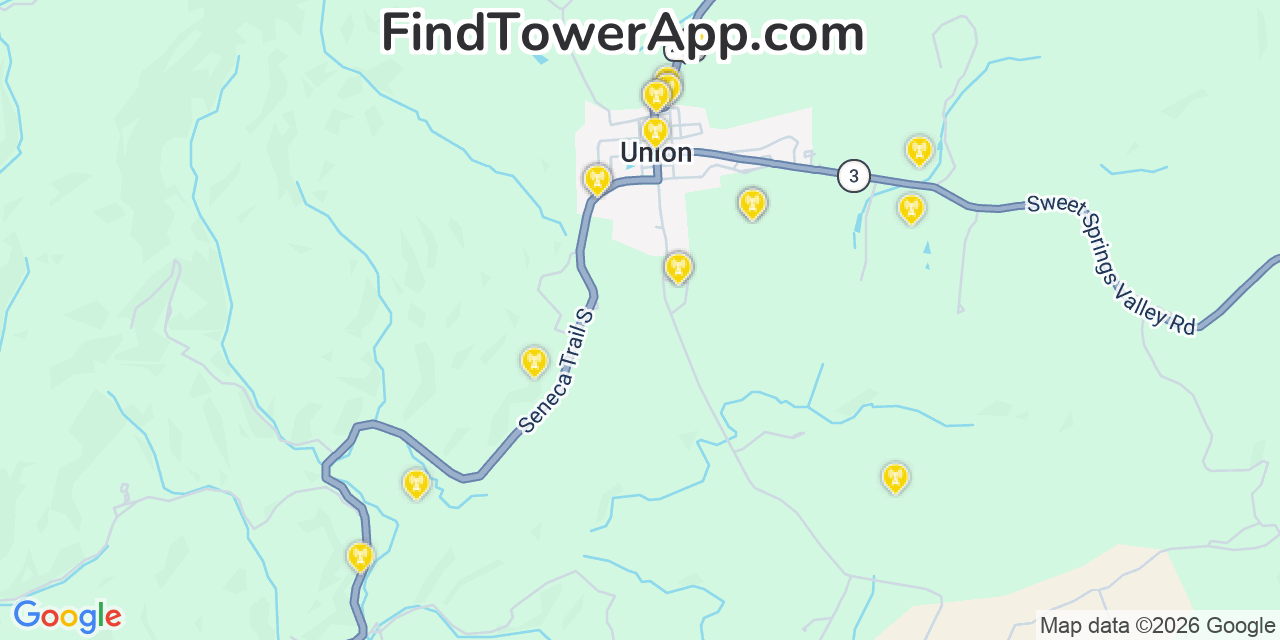 Map showing the 20 primary cell tower locations detected in Union, West Virginia from AT&T, Verizon, and T-Mobile networks