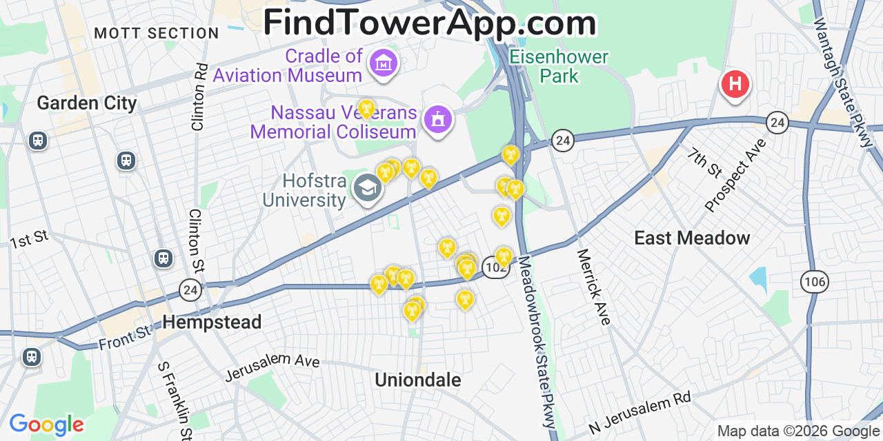 Map showing the 20 primary cell tower locations detected in Uniondale, New York from AT&T, Verizon, and T-Mobile networks