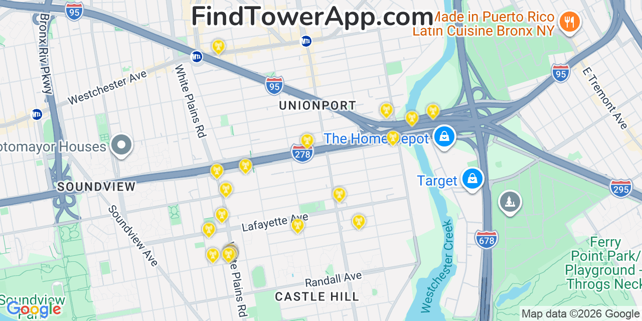 Map showing the 20 primary cell tower locations detected in Unionport, New York from AT&T, Verizon, and T-Mobile networks